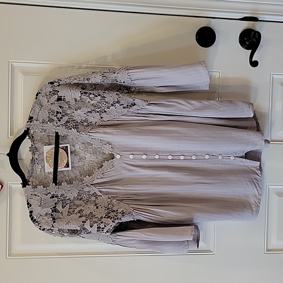 Shop Fig Tops - New Boho Grey Lace Festival Button Front Blouse Western Boutique Vintage